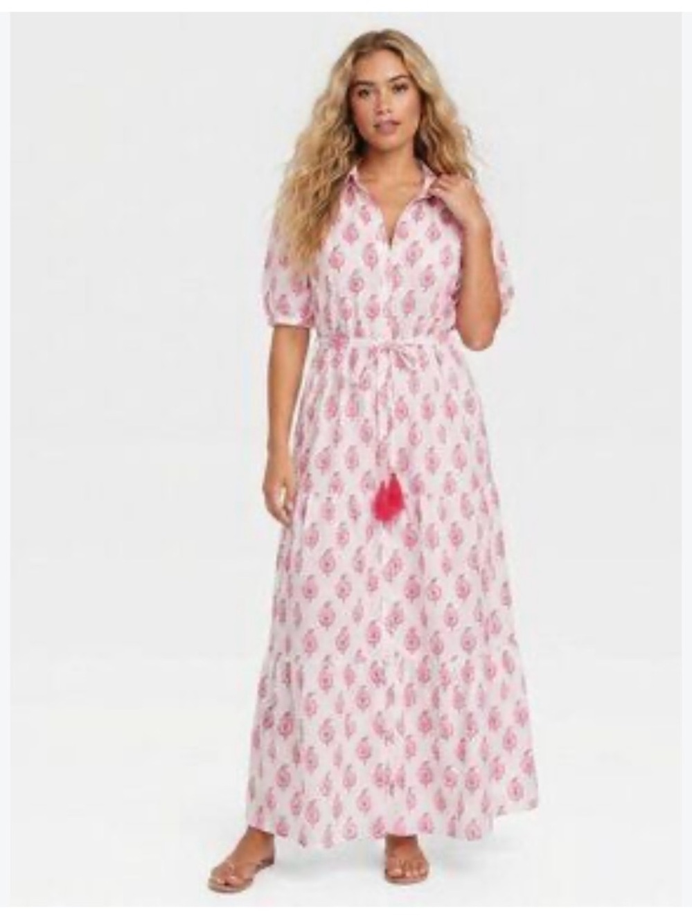 Roller Rabbit Pink Printed Maxi Shirt Dress with Tassel Waist